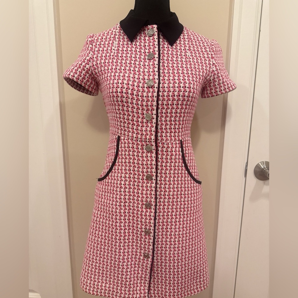 Maje Pink and White Sheath Dress with Peter Pan Collar